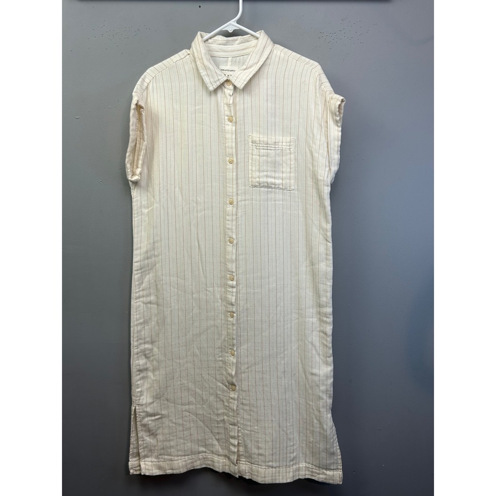 Thread & Supply Shirt Dress Womens Medium Off White Camel Stripe Pinstripe